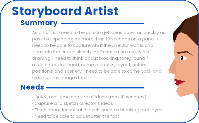 Artist Card:As an artist, I need to be able to get ideas down as quickly as possible, spending no more than 10 seconds on a panel. I need to be able to capture what the director wants and translate that into a sketch that’s based on my style of drawing. I need to think about blocking, foreground / middle / background, camera angles, layout, actors positions, and scenery. I need to be able to come back and clean up my images later.