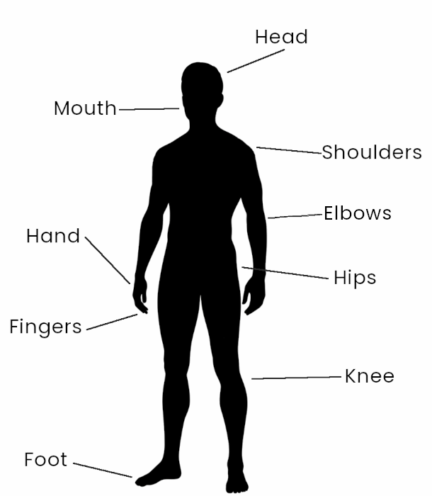 a silhouette of a body with items labelled - head, mouth, shoulders, elbow, hands, finger, hips, knee, and foot. Image shows some parts of the body that could be used to acknowledge or confirm