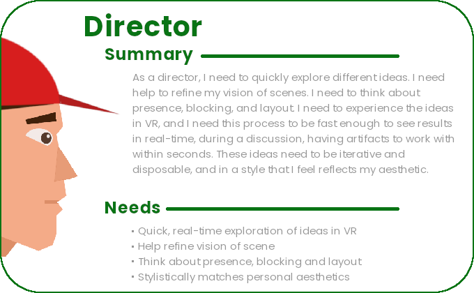 As a director, I need to quickly explore different ideas. I need help to refine my vision of scenes. I need to think about presence, blocking, and layout. I need to experience the ideas in VR, and I need this process to be fast enough to see results in real-time, during a discussion, having artifacts to work with within seconds. These ideas need to be iterative and disposable, and in a style that I feel reflects my aesthetic.