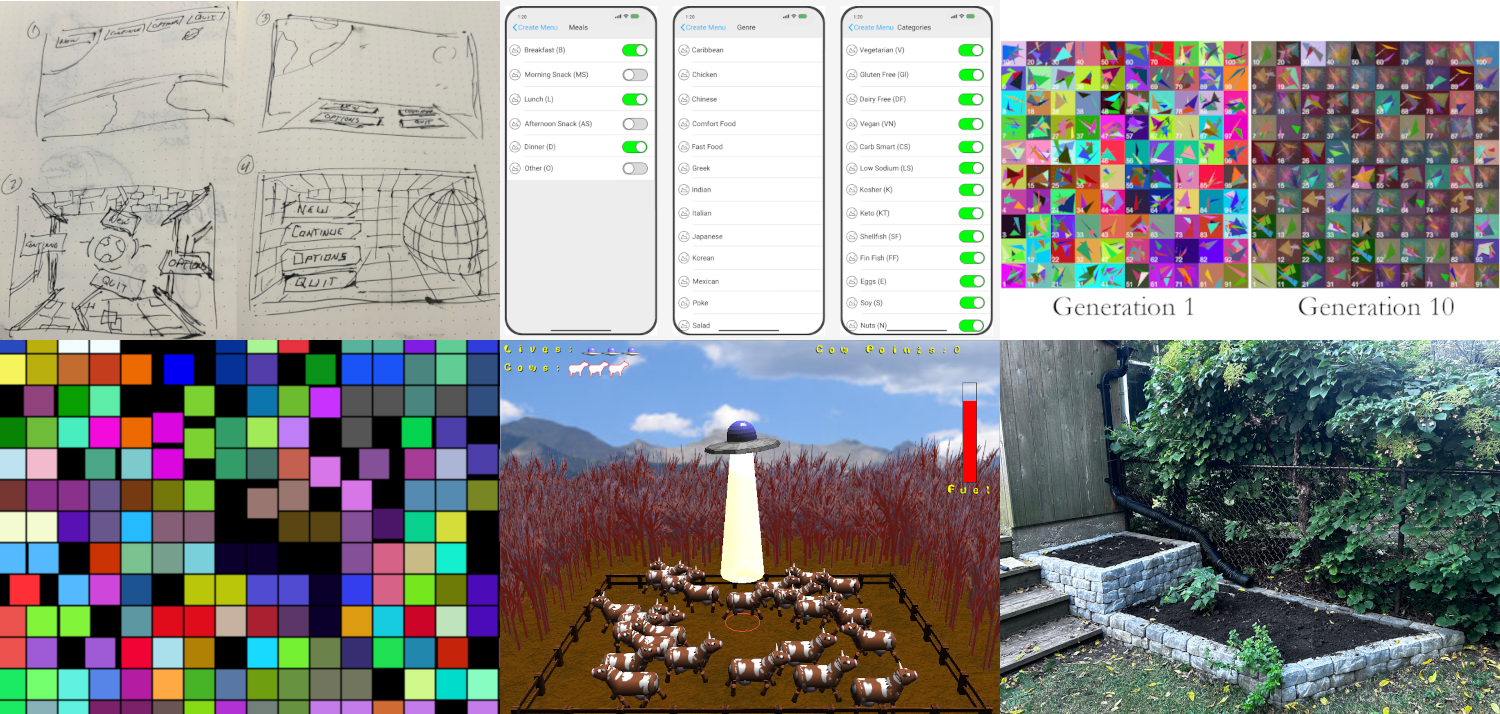 a 6 part image showing: some concept sketches, a wire frame for a mobile app, screen compilation of results from generation 1 and 10 of a generative algorythm, an image of a bunch of colored squares (the wall program), an image of a spaceship beaming up cows - from a game I wrote, a stone flowerbed I buit in my garden