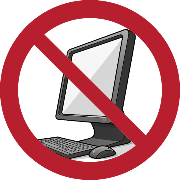 Picture of a desktop computer with a 'no' symbol around it.