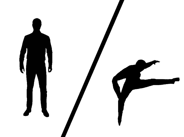 an image of a silhouette standing a division line and a silhouette of a person doing a jump-kick