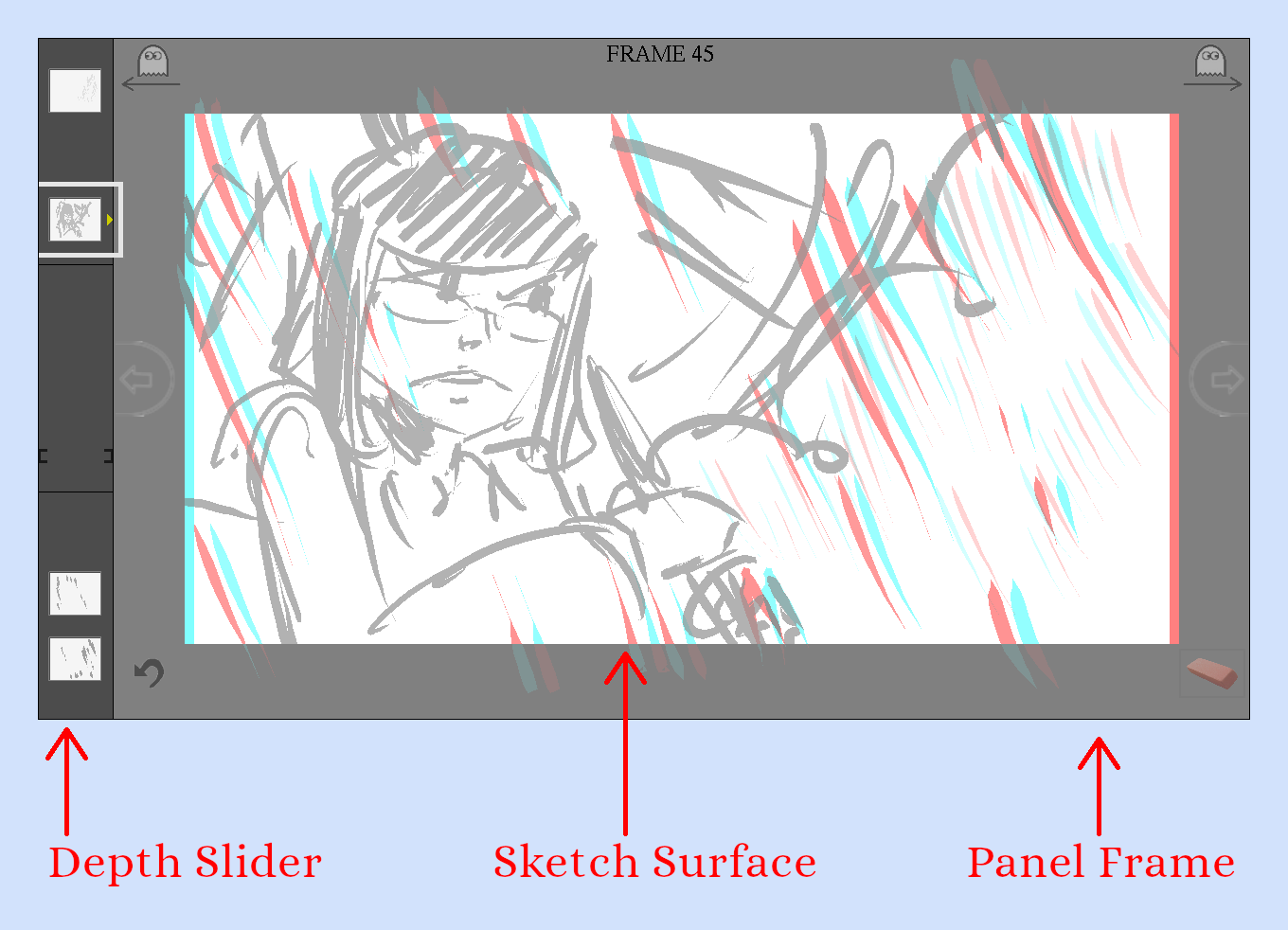 Picture showing overall user interface of sketch surface - indicating depth slider, sketch surface, and panel frame