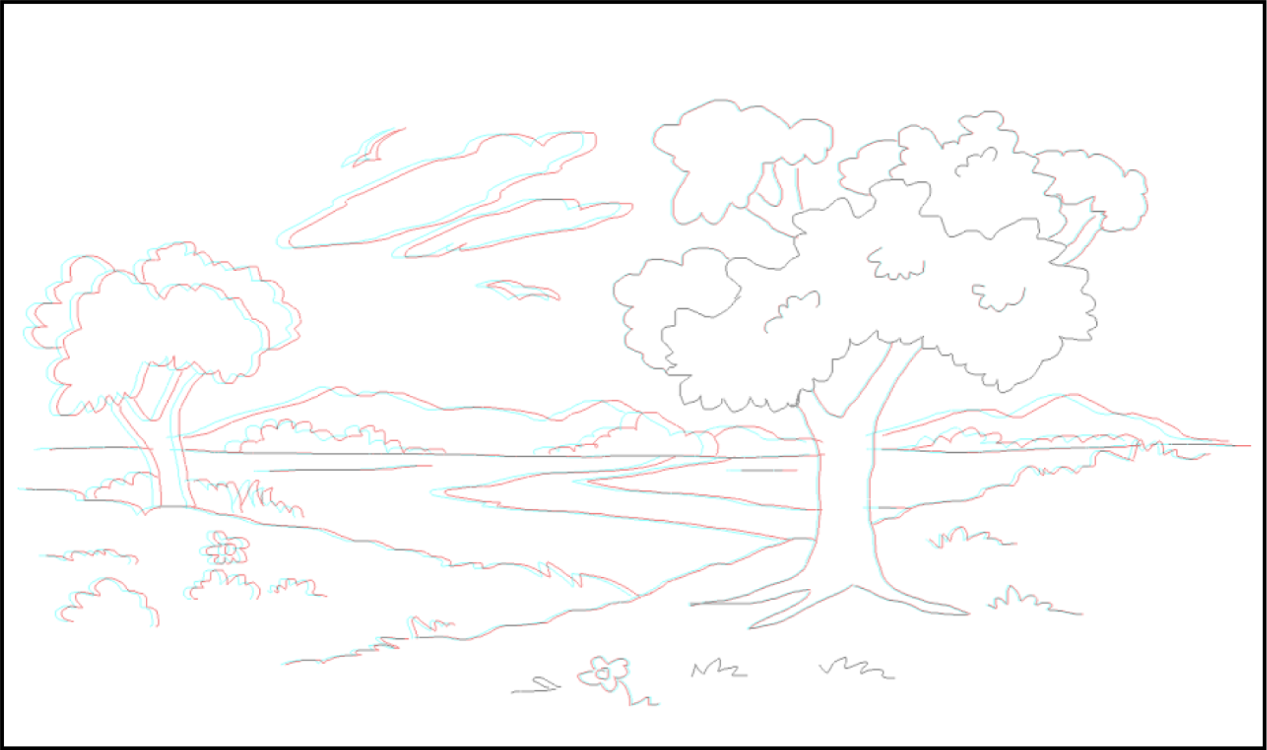 example stereo image of two trees in foreground with mountains in the background. Made using the initial prototype