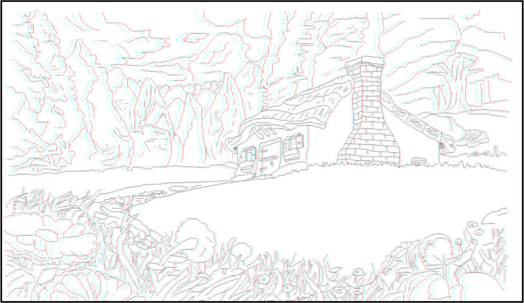 a detailed stereo image of a cottage with trees in the background. Lines are only 1 pixel in width. Image was created by rotoscoping.